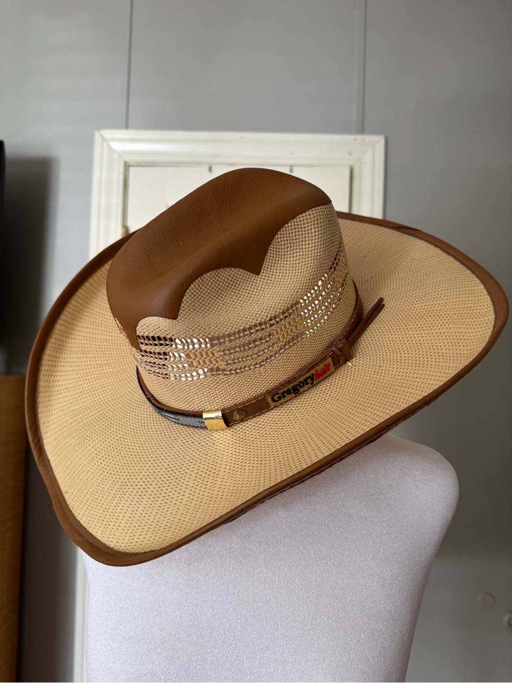 Gregory Tan and Brown Straw Western Hat with Branded Band